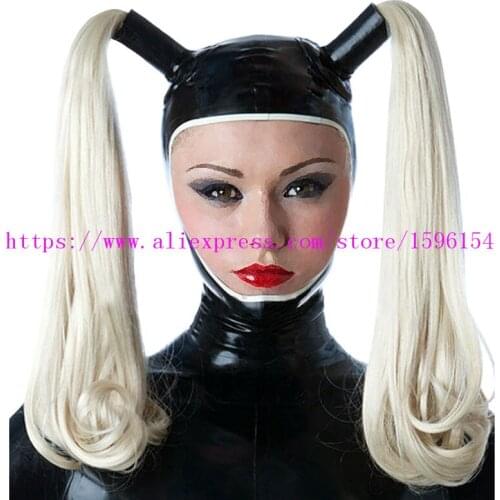 Black Sexy Rubber Hood with Fake Hair Cosplay Latex Mask Open Fack Customize Size Hot Sale LM135