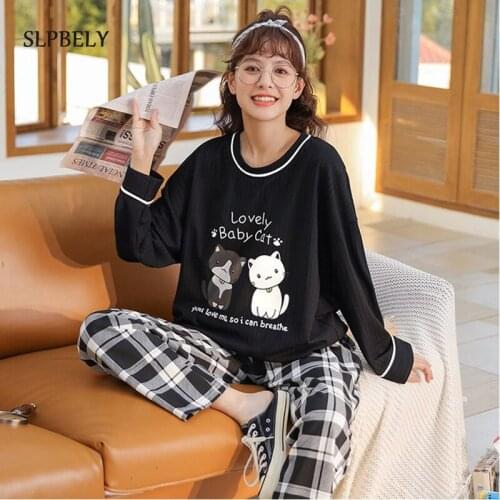 SLPBELY Pajamas Set for Women Plaid Pants Pajamas Pyjamas Cotton Cartoon Sleepwear Long Sleeved Women Pijamas Home Clothing 2021