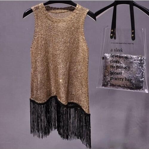 Summer dancing show gold tanks tops women bling blign sequined tanks woman tassels tank tops