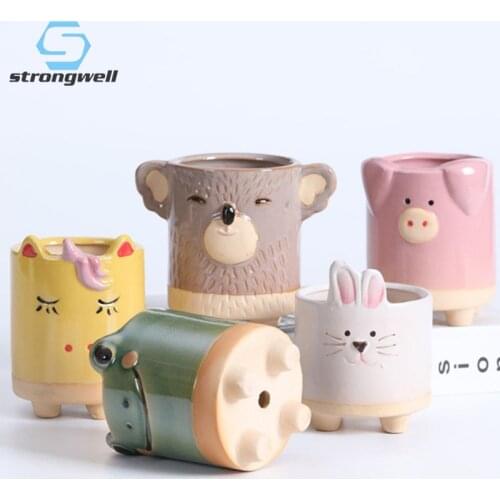 Strongwell Cartoon Animal Miniature Model Ceramic Flower Pots Fairy Garden Decoration Accessories Desktop Display Planter Crafts
