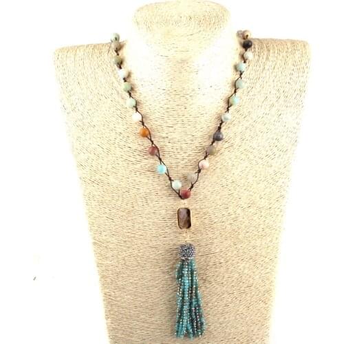 MOODPC Fashion Blue Amazonite Stone Weave Bohemian Jewelry Brown Crystal link Blue Crystal Tassel Necklace