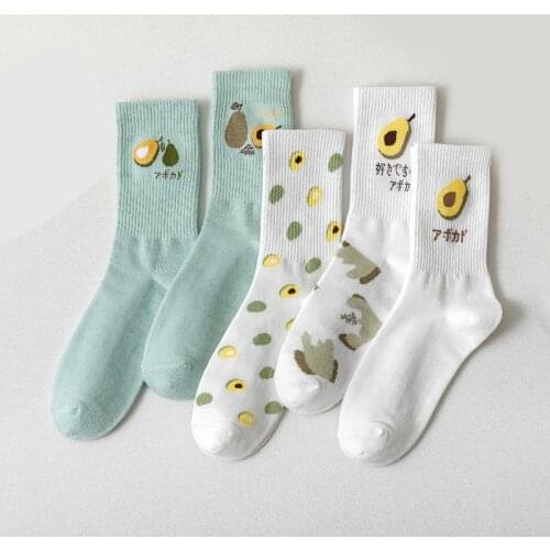 Fruit Series Avocado Cartoon White Green Warm Funny Skateboard Streetwear Socks Short Cotton Happy Street Pattern Women Socks