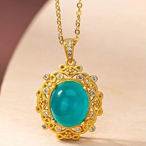 New silver inlaid natural Tianhe Stone Crystal Oval Pendant Necklace Chinese palace style hollow pattern womens brand jewelry