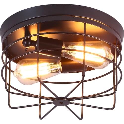 2-Light Industrial Metal Cage Ceiling Light Rustic Flush Mount for Kitchen Garage Foyer Porch Hallway Entryway Bedroom