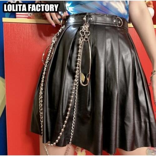 PU Pleated Skirt Mini Women Sexy Gothic High Waist Summer School Streetwear Black Party Punk Faux Leather Skirts WITH CHAIN