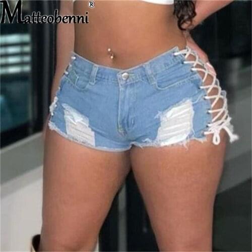 Sexy Summer Women Denim Shorts 2021 New Blue High Waist Ripped Short Jeans Femme Tassel Lace Up Bandage Fashion Street Hotpants