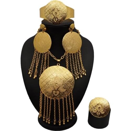 Sexemara gold round chain tassel jewelry set tassel necklace earrings adjustable ring bracelet jewellery Dubai gold jewelry