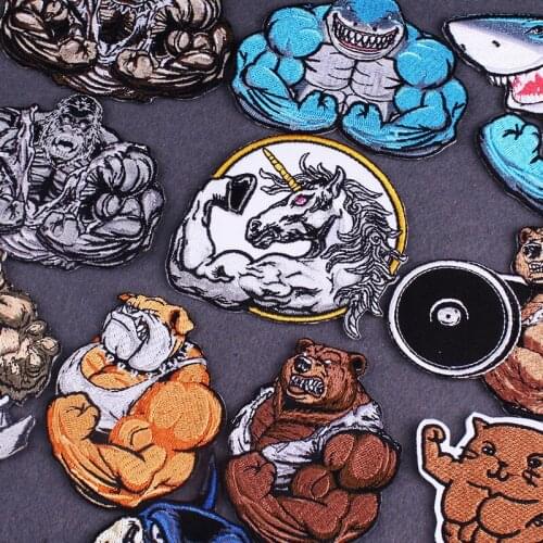 Gym Animal Strong Unicorn Shark Patch Embroidered Patches On Clothes DIY Hippie Punk Clothes Stripes Iron on Patches for Clothes