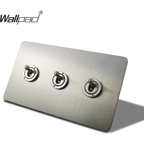 Wallpad Silver 3 Gang Toggle Switch Electric Light Switch Satin Chrome Brushed Stainless Steel Double Panel