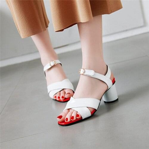 YMECHIC White Black Red Block Heel Shoes Woman Cross Strap Round High Heels Sandals Women Peep Toe Buckle Sandal Summer 2019