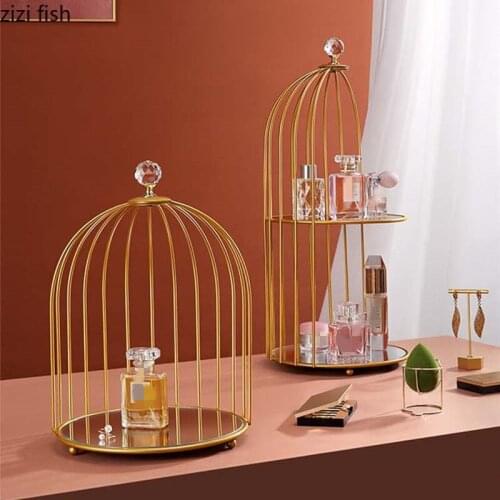 Iron Art Glass Mirror BirdcageStorage Shelf Cosmetic Finishing Box Desktop Single Double Layer Gold/pink Metal Storage Rack