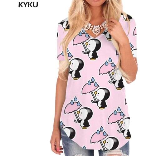 KYKU Penguin T Shirt Women Animal Tshirts Printed Pink V-neck Tshirt Lovely Funny T shirts Womens Clothing Fashion Casual Tops