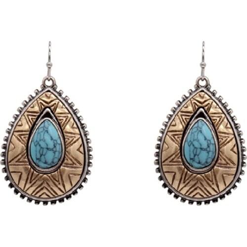 Banny Pink Vintage Carved Metal Waterdrop Dangle Earrings For Women Retro Ethnic Synthetic Stone Geometric Drop Earrings Brincos