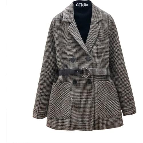 Womens Blazer 2021 Spring Autumn Korean Style Houndstooth Design Woolen Retro Suit Jacket Lattice Suit Blazer Female With Belt