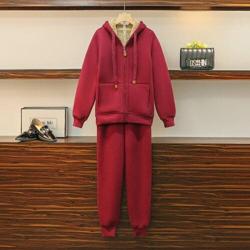 Large Size Ladies Suit 2021 Winter New Plus Velvet Thick Hooded Sweatshirt Top Pencil Pants Solid Color Loose Womens Clothing