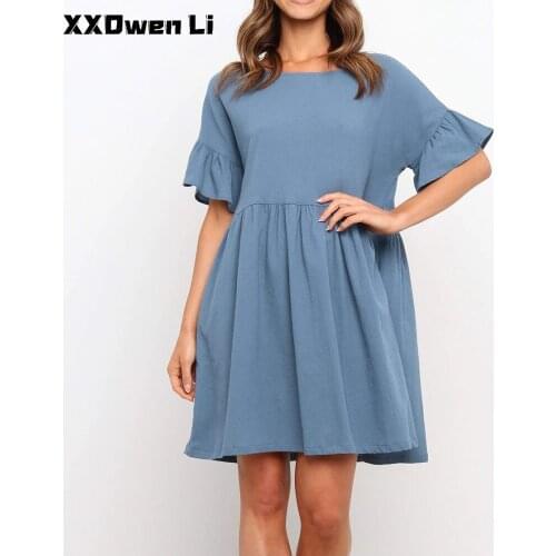 Summer Casual Loose Ruffles Womens Mini Dress Fashion Oversize Pleated Pure Color O-Neck Flared Sleeves Dresses Woman Clothing
