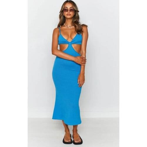 2021 New Women’s Sexy Knitted Bodycon Slim Suspender Long Dress Fashion Solid Color Hollow Backless High Waist Tight Dress