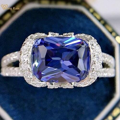 Wong Rain Vintage 925 Sterling Silver 7*9 MM Sapphire Created Moissanite Gemstone Wedding Party Ring For Women Fine Jewelry Gift