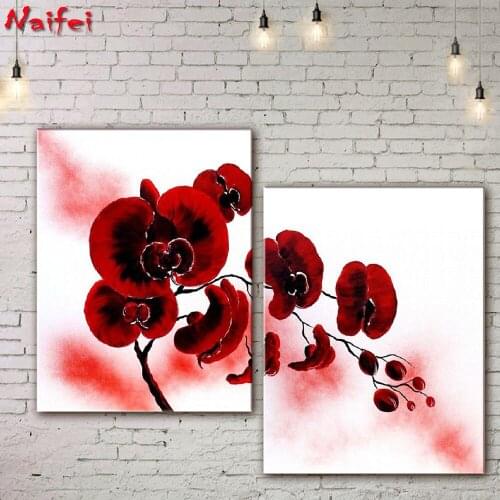 5D Diamond Embroidery Red Orchid Cross Stitch New Arrival Diamond Painting Full Square 2 Pieces Mosaic Flower living Room Decor