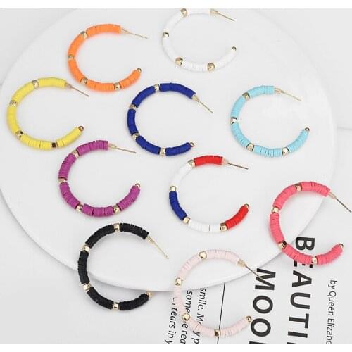 Bohemian Multicolored Polymer Clay Beaded Hoop Big Earrings for Women Fashion Colorful Summer Nice Noticeable Jewelry Gift