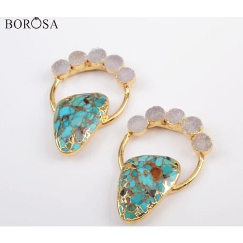 BOROSA 5Pcs Bohemian Gold Color Five Natural Agates Druzy & Copper Turquoises Charm Natural Drusy Gems Pendants Necklace G1834
