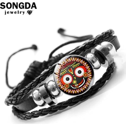 Lord Jagannath Bracelet OM Lotus Puri India Hindu God Art Pattern Glass Cabochon Charm Black Leather Bracelets for Women