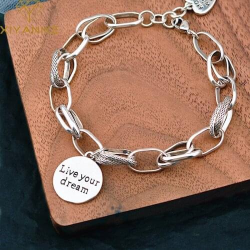 Real 925 Sterling Silver Korean Love Pendant Bracelet Retro Thai Silver Thick Chain Round Letter Bracelet Female Party Jewelry