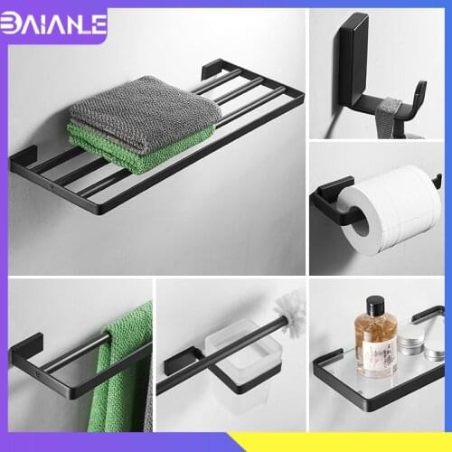 Towel Holder Black Stainless Steel Towel Rack Hanging Holder Double Towel Bar Coat Hook Toilet Paper Holder Bathroom Shelf Glass