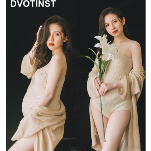 Dvotinst Women Photography Props Maternity Dresses Pregnancy Elegant Dress Bodysuits Cardigans 2pcs Studio Photoshoot Clothes