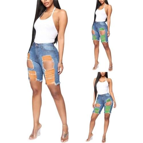 Hirigin 2021 Sexy Women Jeans Shorts High Waist Destroyed Hole Hollow Out Bodycon Summer Tassel Patchwork Ripped Denim Shorts