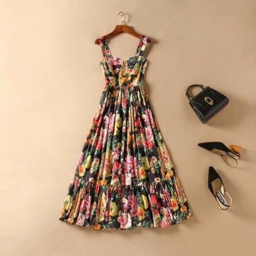 And American womens European clothing 2021 summer new style Condole belt Floral print Fashion pleated ruffled dresses