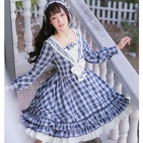 The Rhine River ~ Classic Sailor Collar Long Sleeve Plaid Lolita Dress by Strawberry Witch