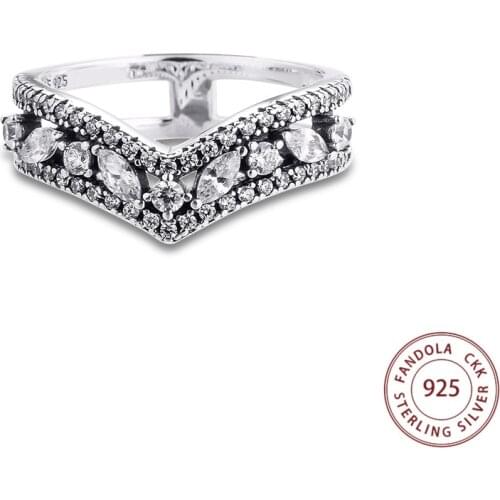 Authentic 925 Sterling Silver Ring Sparkling Marquise Double Wishbone Wedding Engagement Rings for Women Jewelry Gift Bijoux