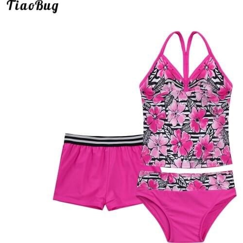 TiaoBug Summer 3Pcs Kids Girls Print Swimwear Bikini Sets V Neck Spaghetti Straps Vest Top And Bottoms Boyshorts Briefs