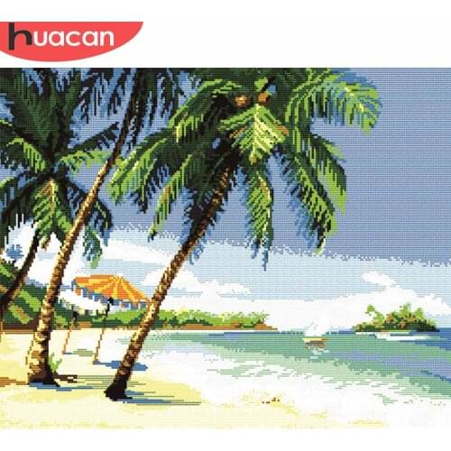 HUACAN Cross Stitch Seascape Kits White Canvas Embroidery Sea Sets Home Decoration Needlework 11CT 14CT DIY Gift