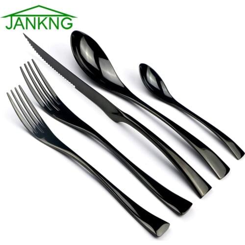 JANKNG 5-Pcs 1/ 4 Set Flatware Set 18/10 Stainless Steel Black Dinnerware Serrated Sharp Steak Knife Cutlery Tableware Dropship