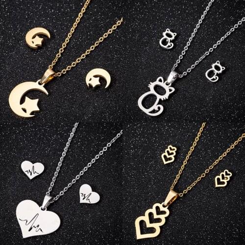 Jisensp Stainless Steel Jewelry Sets Star Moon Earrings for Women Cartoon Animal Cat Necklace Pendant Wedding Jewelry Gift