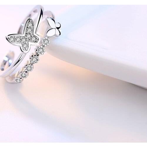 New 925 Sterling Silver Butterfly-Shaped Zircon Open Ring Design Animal Double Layer Ladies Ring Ladies Party Jewelry Gift R003
