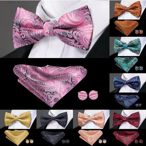 Wholesale Price Luxury Paisley Bow Tie For Men High Quality 100% Silk Red Black Butterfly Tie Hanky Cufflinks Set Wedding Bowtie