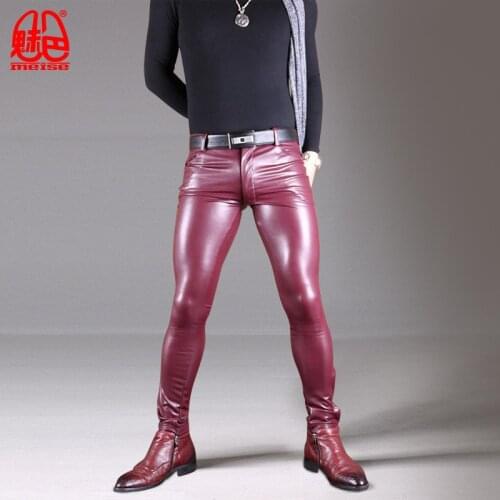 Sexy Men Long Tights leather pants Male high elastic pu imitation sheepskin locomotive boot pants leg pencil tight casual pants