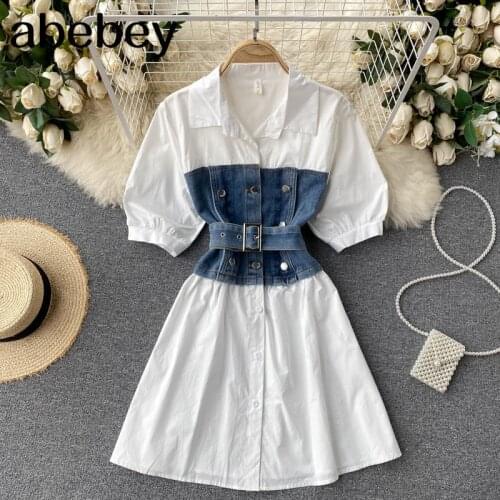 Women Retro Splice Denim Belt Dress Korean Turn Down Collar Short Sleeve A Line Dresses Summer Fashion Streetwear Short Dress