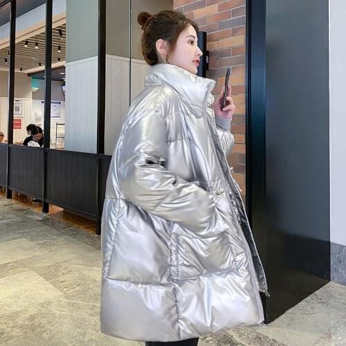 2020 Winter Womens Long Down Jacket Shiny Oversized Thick Coat Ladies Stand Collar Big Pockets Solid Loose Casual Female Parkas