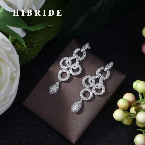 HIBRIDE Luxury Brand New Hot Fashion Popular Long Drop Dangle Earrings Full Cubic Zirconia Pave Wedding Earring for Women E-424