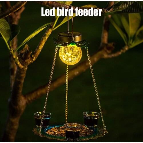 Solar Powered Birds Feeder Outdoor Hanging Waterproof Birds Food Tray Garden Metal Flower Decorative LED Lighting GQ