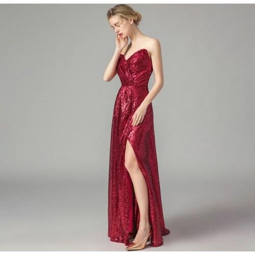 Strapless Sequins Evening Dress Split V-neck Red Long Dress A-Line Wedding Party Dress Sexy Backless Vestido de Fiesta WS-4201