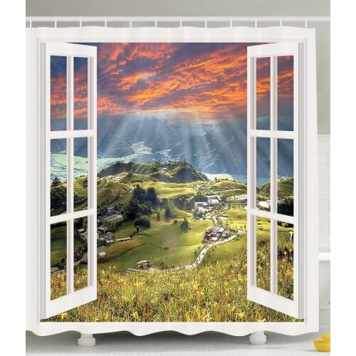 Cityscape Shower Curtain European Decor Mountain Houses Village Cottages Farmhouse Window Panorama View Bathroom Curtains