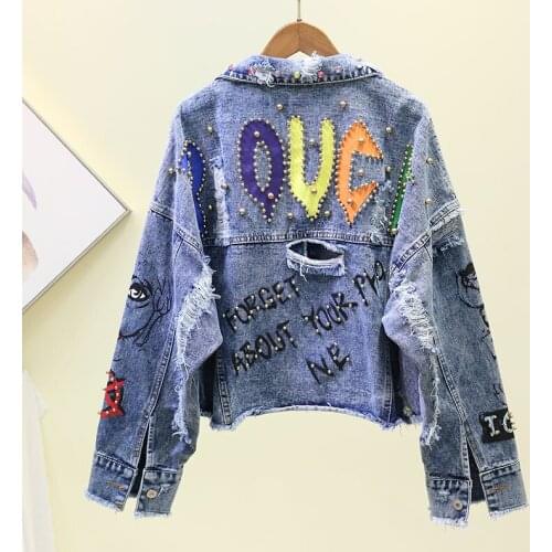 2020 New Autumn Womens Denim Jacket Graffiti Rivets Diamond Overcoat Hole Jeans Jacket Loose Short Student Basic Coat P807