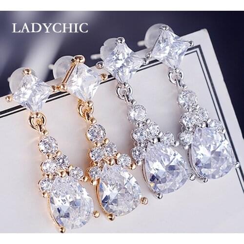 LADYCHIC Gold & Silver Color Austrian Water Drop Zircon Earrings Fashion Elegant Bridal Wedding Jewelry Drop Earrings LE1307