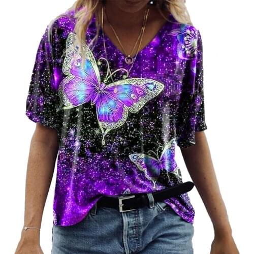 Women Loose Summer T-Shirts Casual Short Sleeve V-Neck Butterfly Print Tee Shirt Femme Plus Size Lady Tops drop shipping