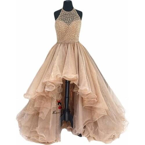 Champagne High Low Prom Dresses Organza Puffy Beads Long Homecoming Cheap Quinceanera Gowns Sparky Vestido de Formatura Longo